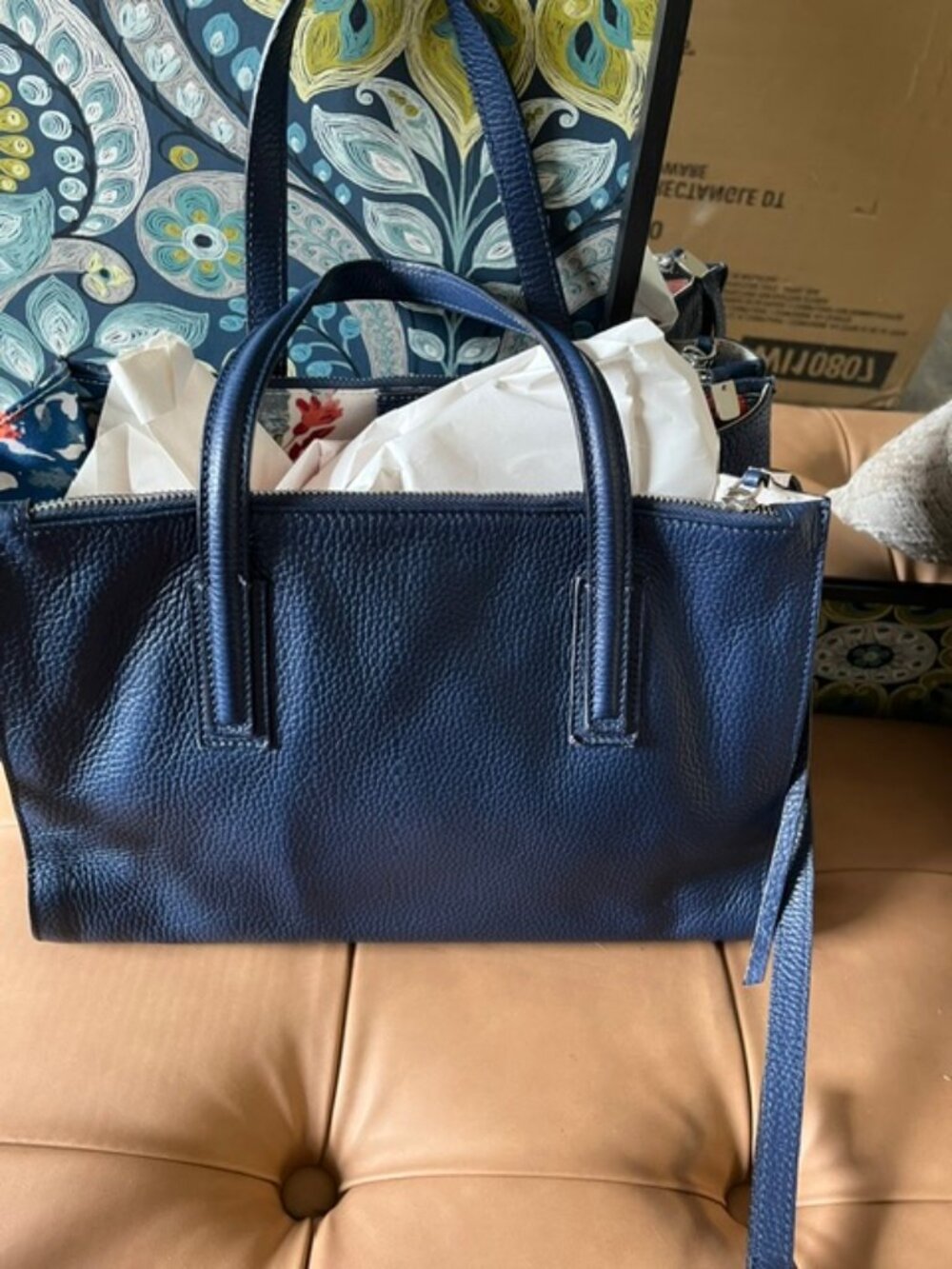 EUC INNUE Navy Blue Genuine Italian Leather Classic Business Tote Bag/Purse